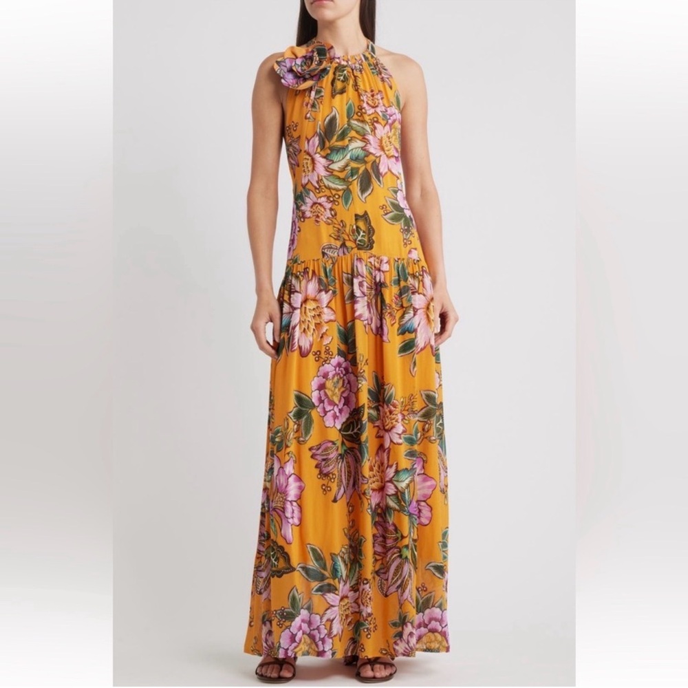 NWT FARM Rio Wonderful Bouquet Halter Maxi Dress Sz Medium ORANGE